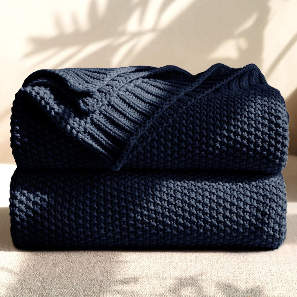 Navy Cable Knit Cotton Throw Blanket