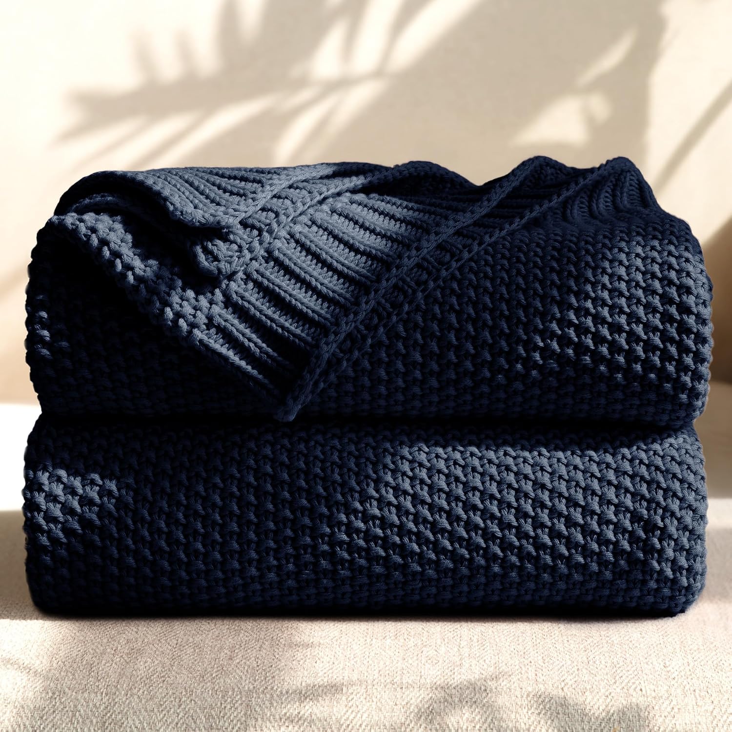Navy Cable Knit Cotton Throw Blanket