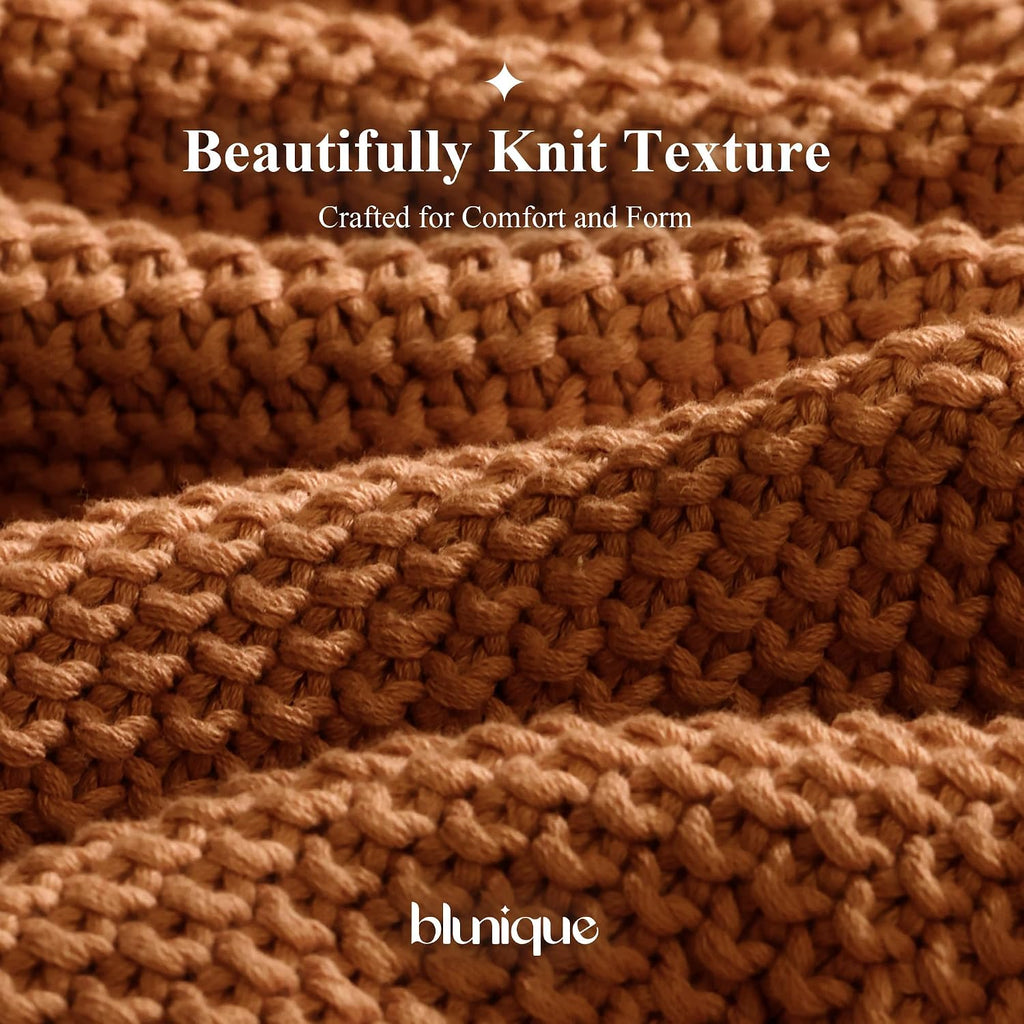 Burnt Orange Cable Knit Cotton Throw Blanket