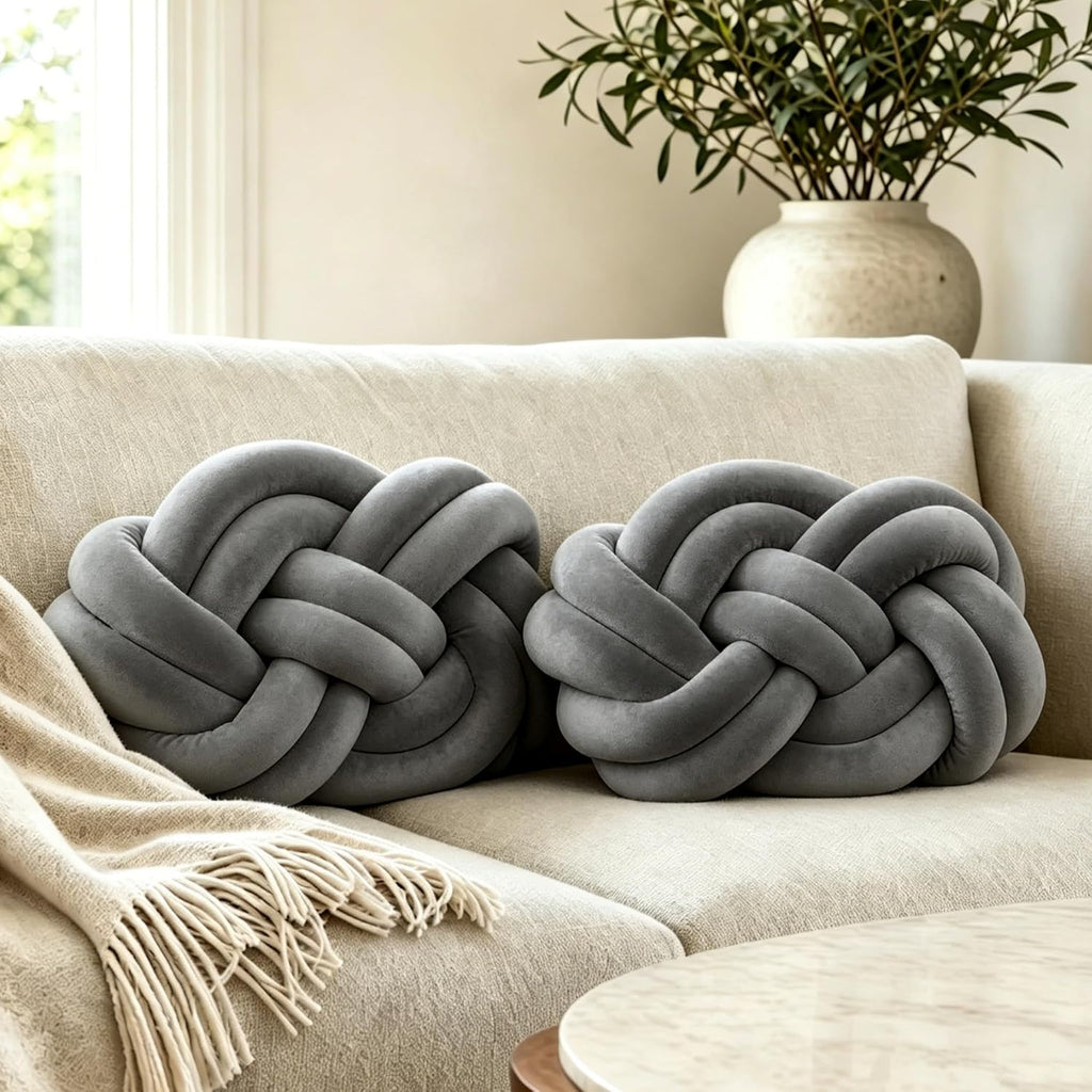 Dark Grey Knotted Plush Throw Pillows