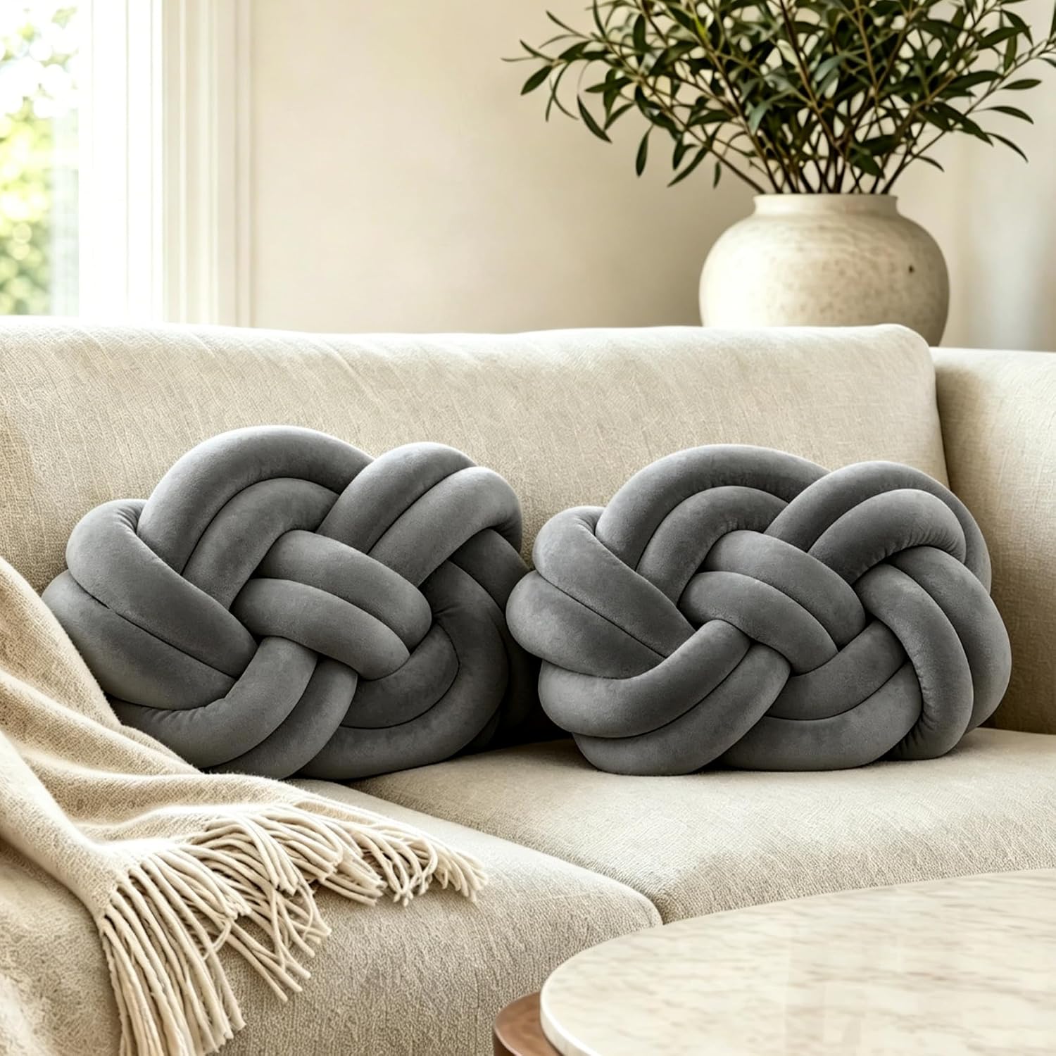 Dark Grey Knotted Plush Throw Pillows