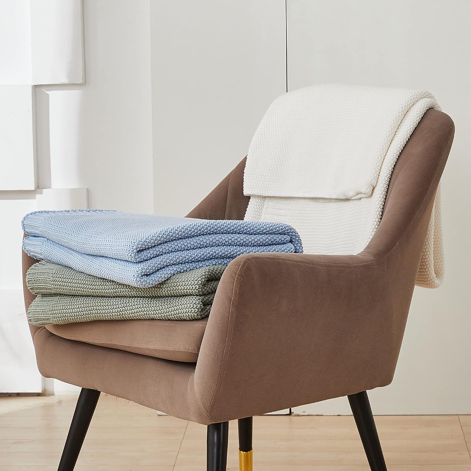 Light Blue Cable Knit Cotton Throw Blanket