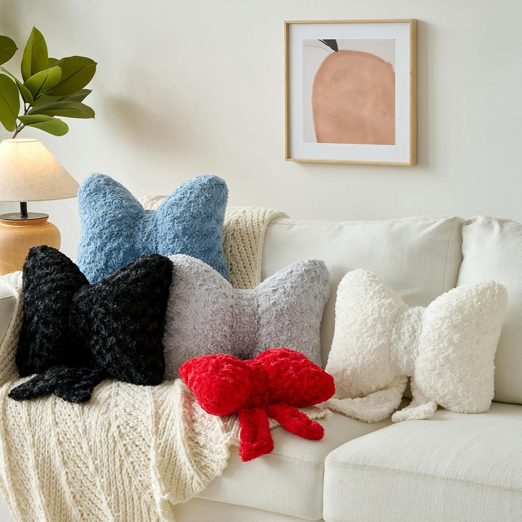 Black Plush Bow Throw Pillow
