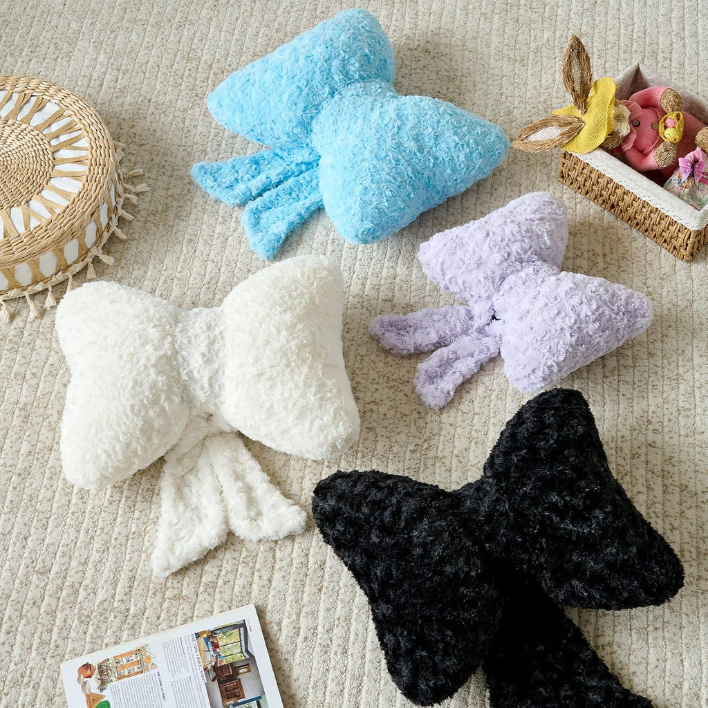 Black Plush Bow Throw Pillow