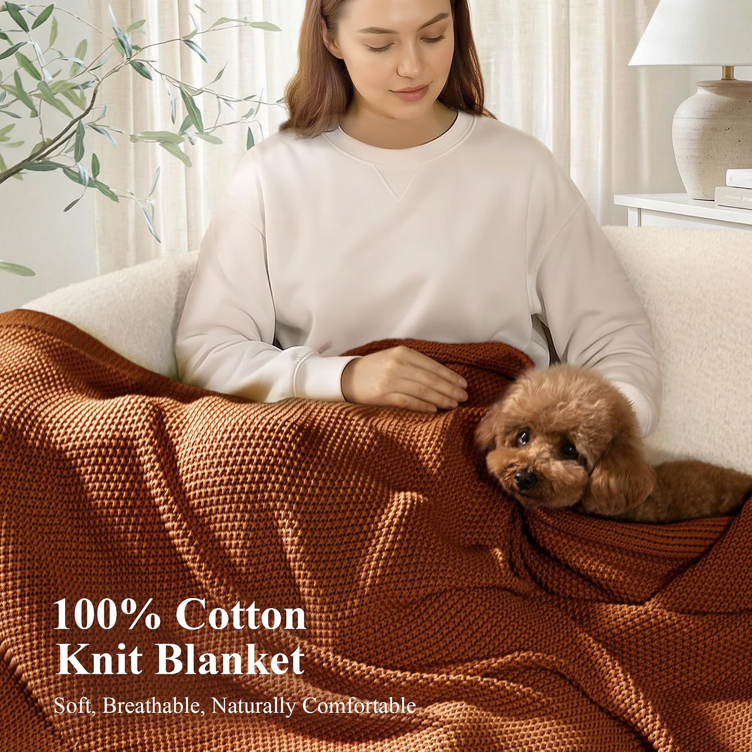 Burnt Orange Cable Knit Cotton Throw Blanket