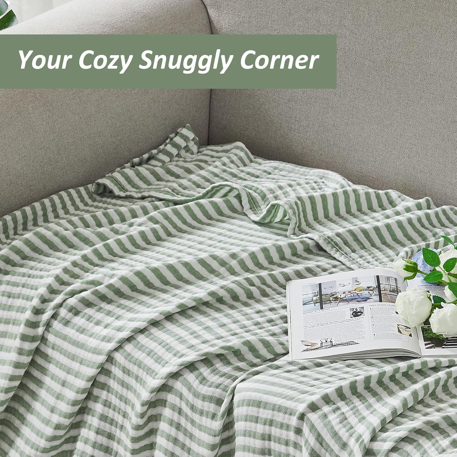 Sage Green 4-Layer Muslin Cotton Throw Blanket