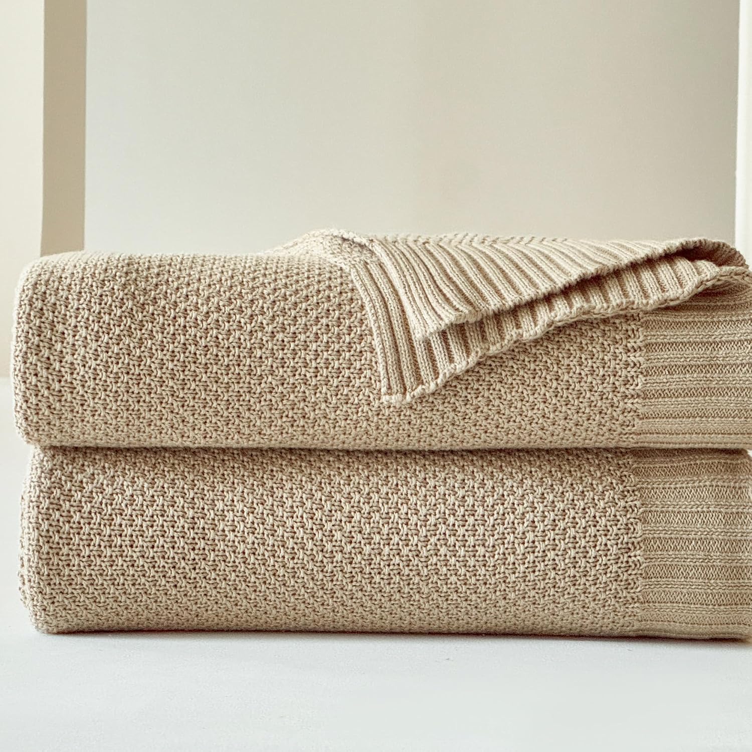 Light Khaki Cable Knit Cotton Throw Blanket