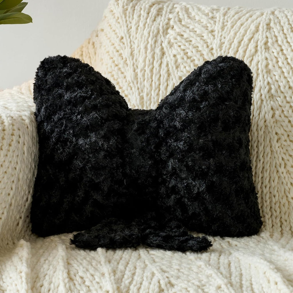 Black Plush Bow Throw Pillow