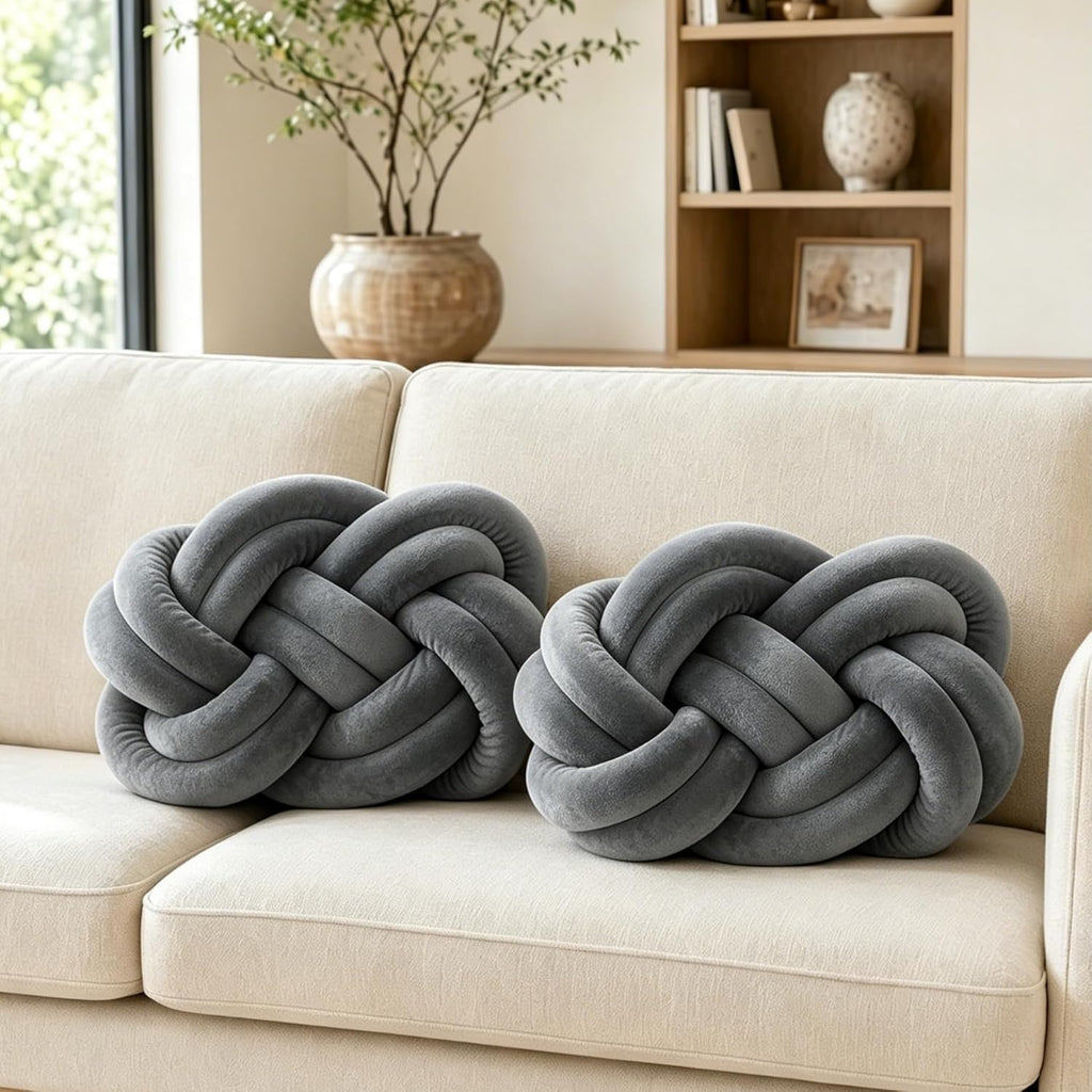 Dark Grey Knotted Plush Throw Pillows