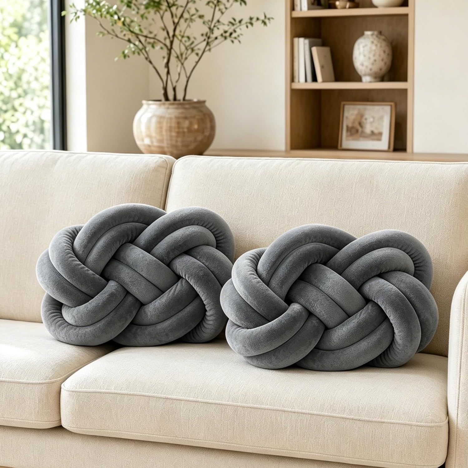 Dark Grey Knotted Plush Throw Pillows