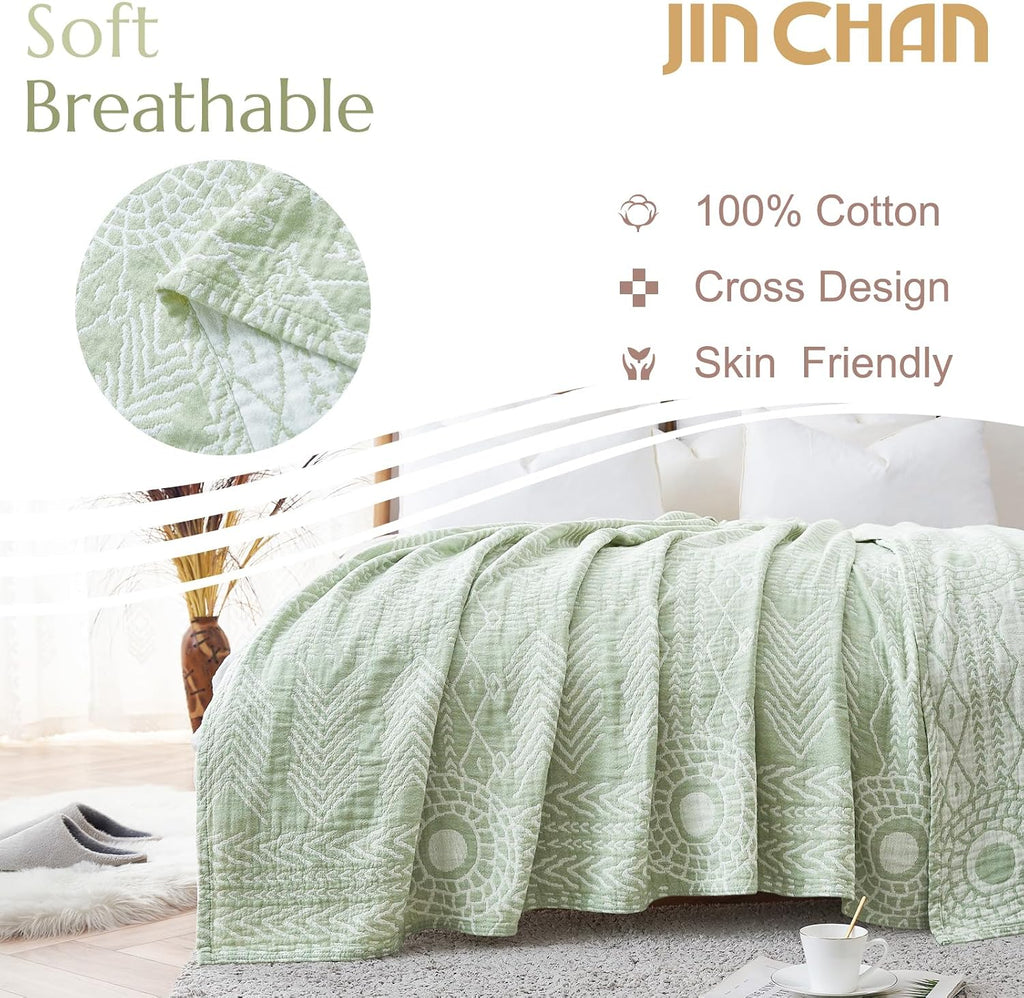 Green Striped Muslin Cotton Boho Throw Blanket