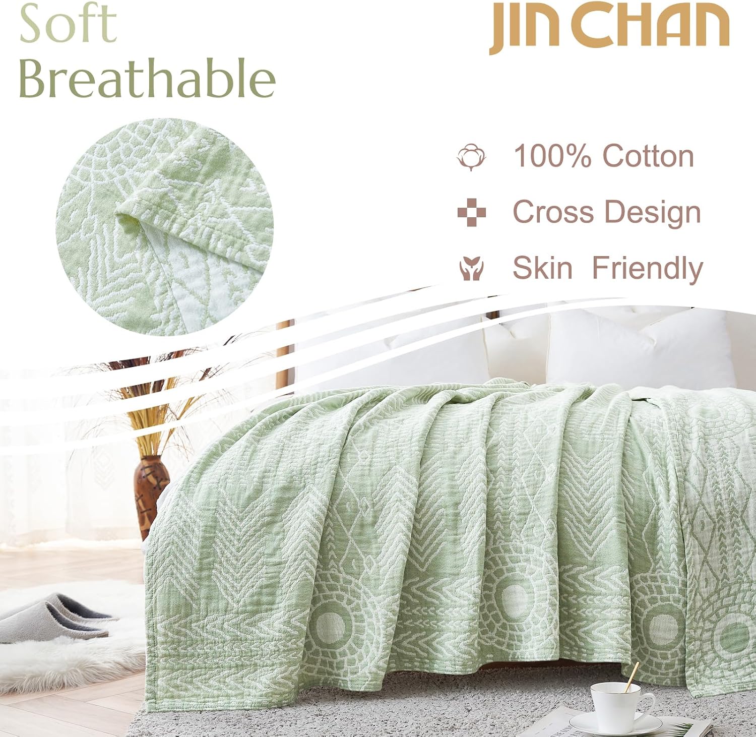 Green Striped Muslin Cotton Boho Throw Blanket