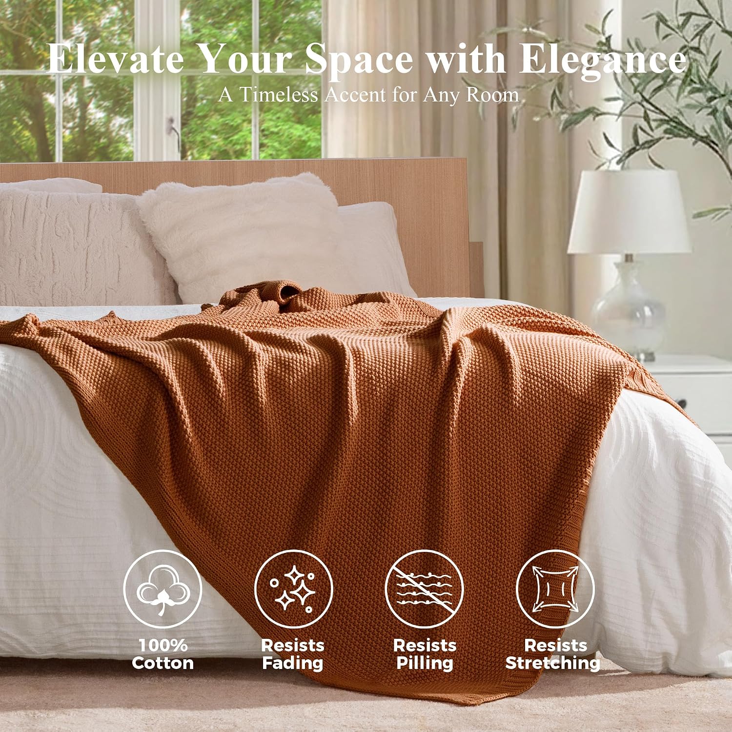 Burnt Orange Cable Knit Cotton Throw Blanket
