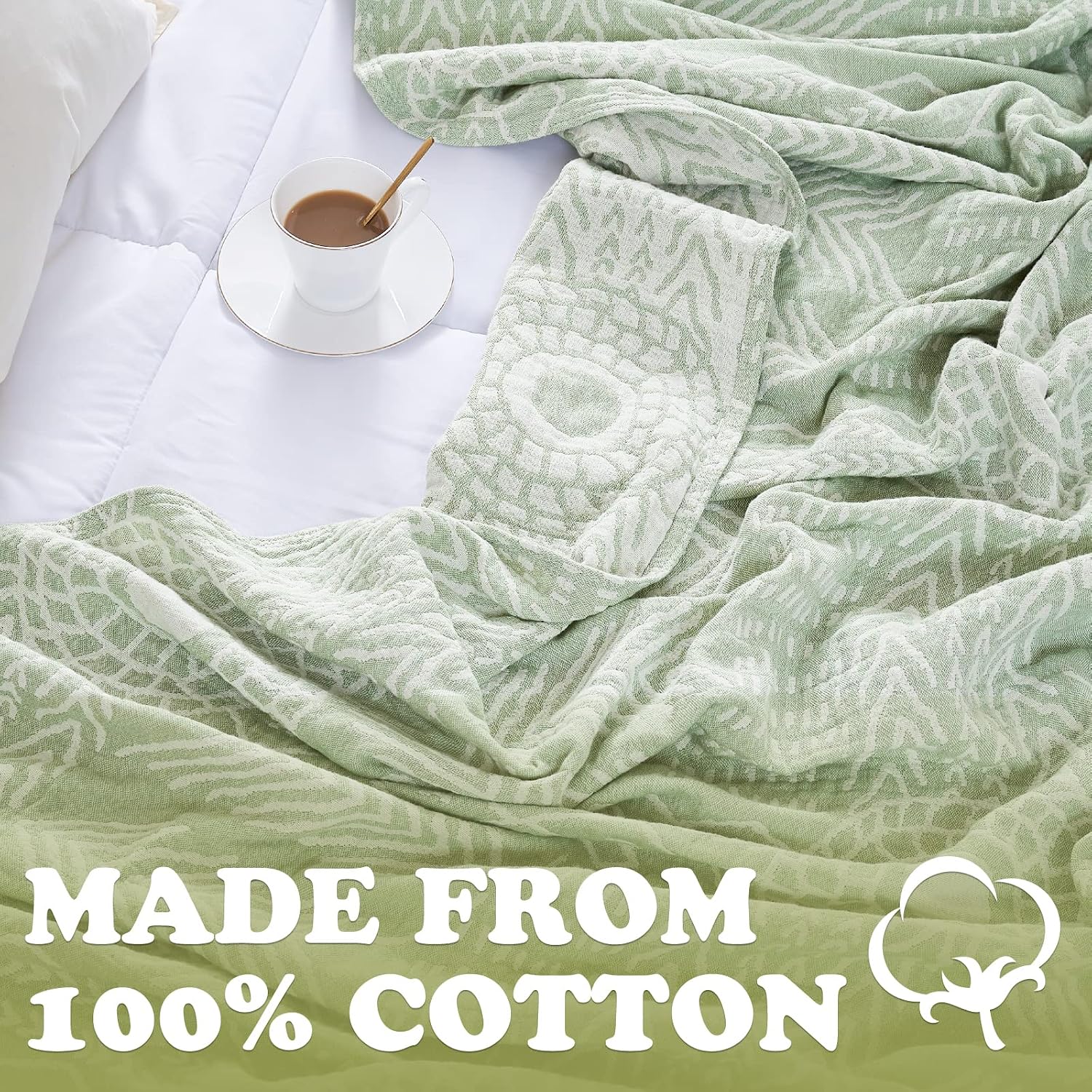 Green Striped Muslin Cotton Boho Throw Blanket