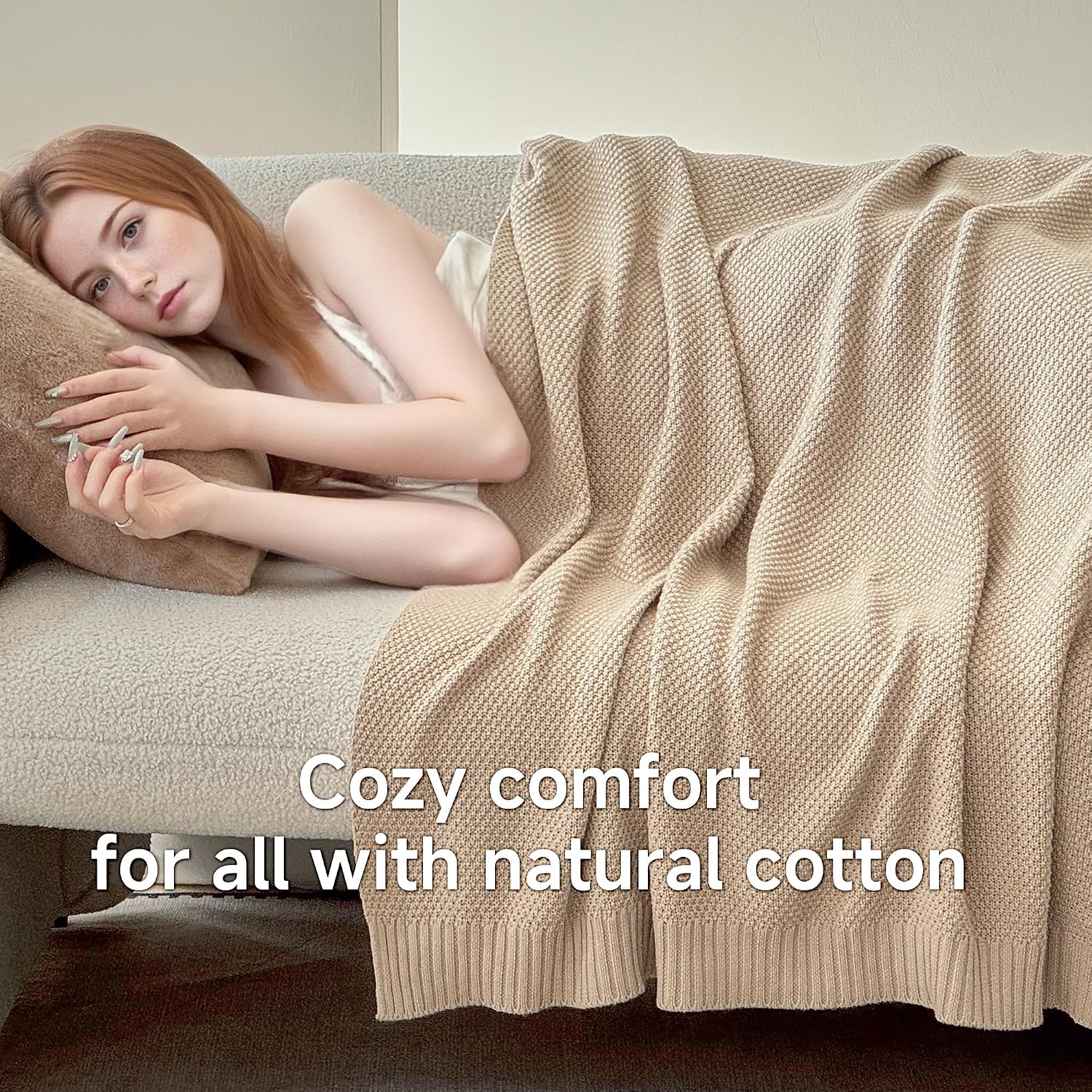 Light Khaki Cable Knit Cotton Throw Blanket