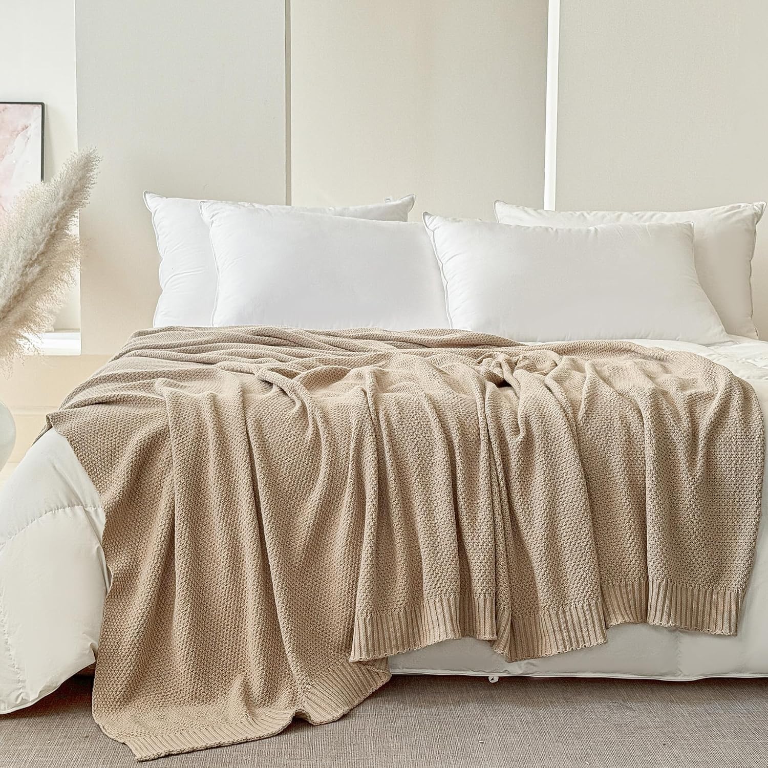 Light Khaki Cable Knit Cotton Throw Blanket
