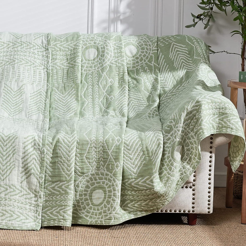 Green Striped Muslin Cotton Boho Throw Blanket