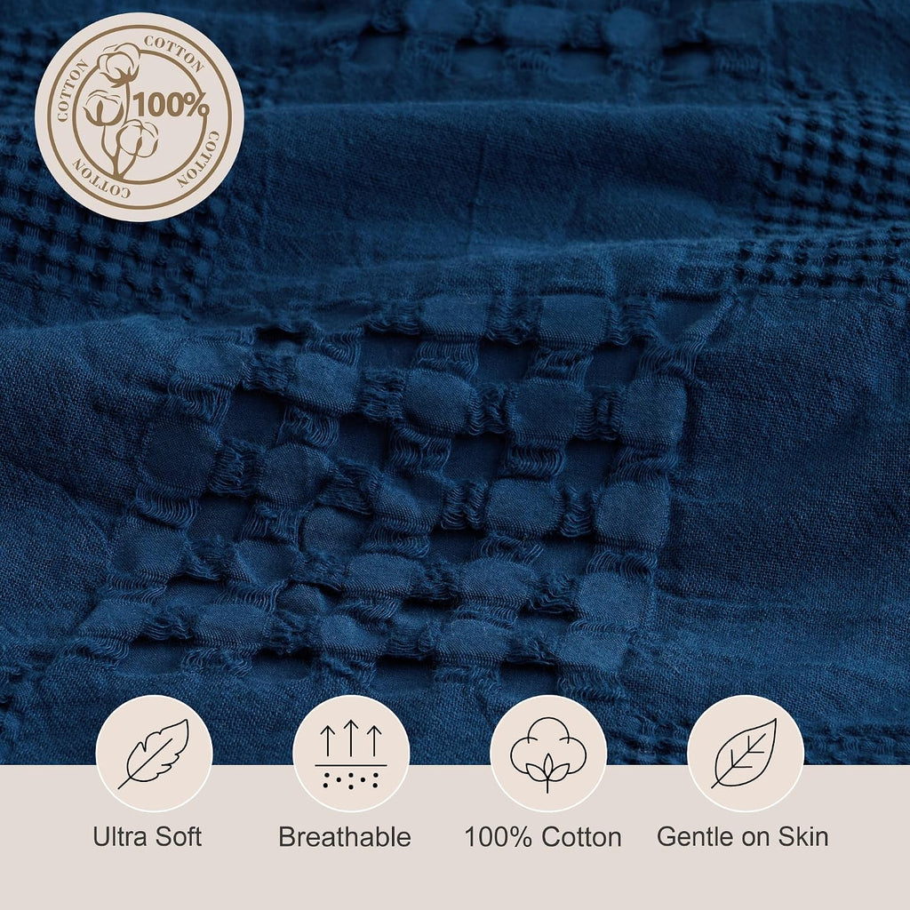 Navy Blue Waffle Weave Cotton Throw Blanket