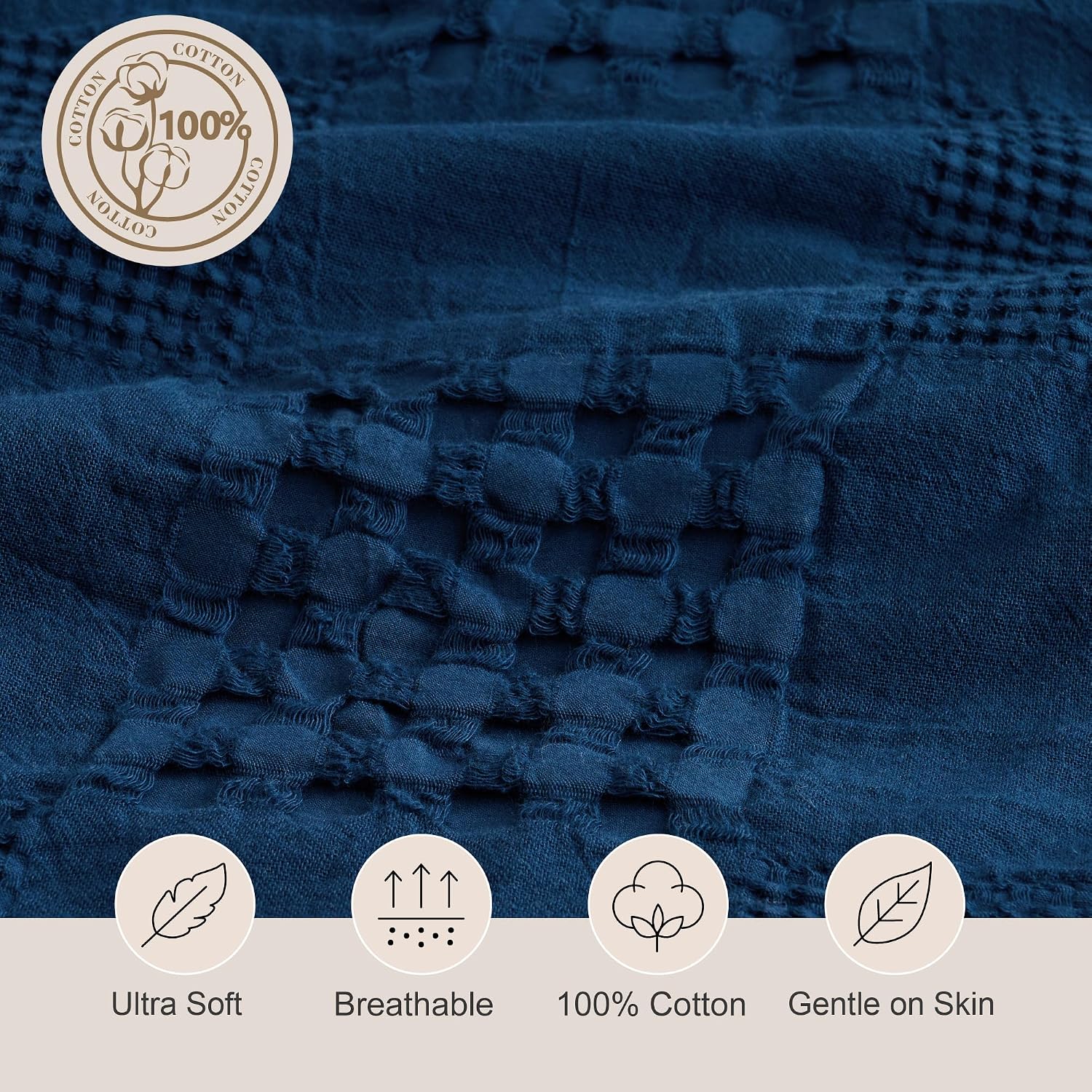 Navy Blue Waffle Weave Cotton Throw Blanket