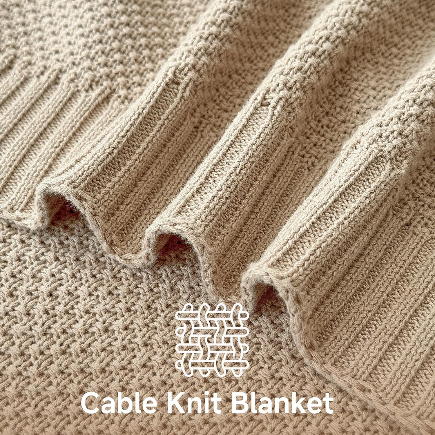 Light Khaki Cable Knit Cotton Throw Blanket