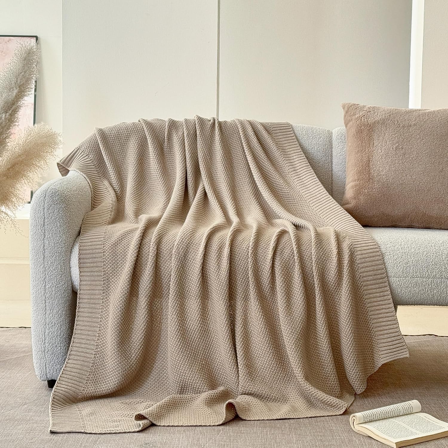Light Khaki Cable Knit Cotton Throw Blanket