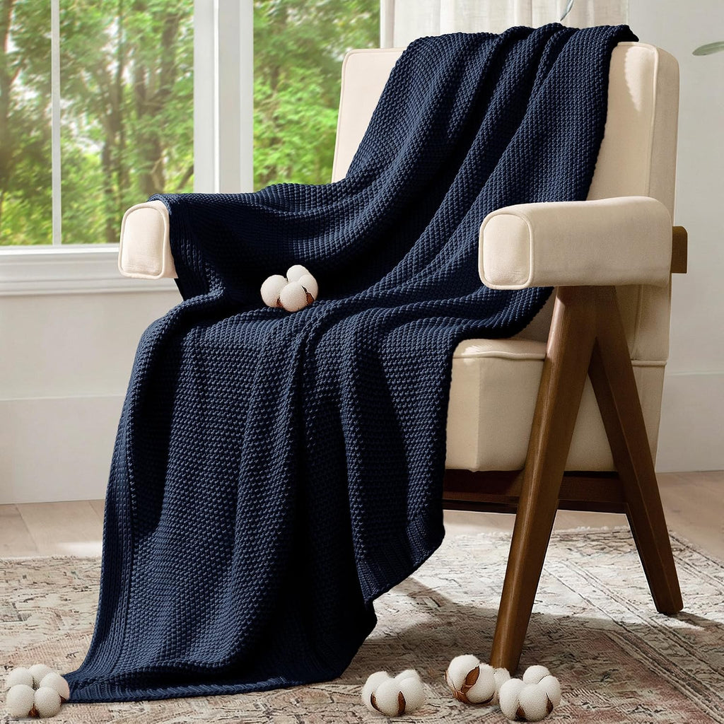 Navy Cable Knit Cotton Throw Blanket