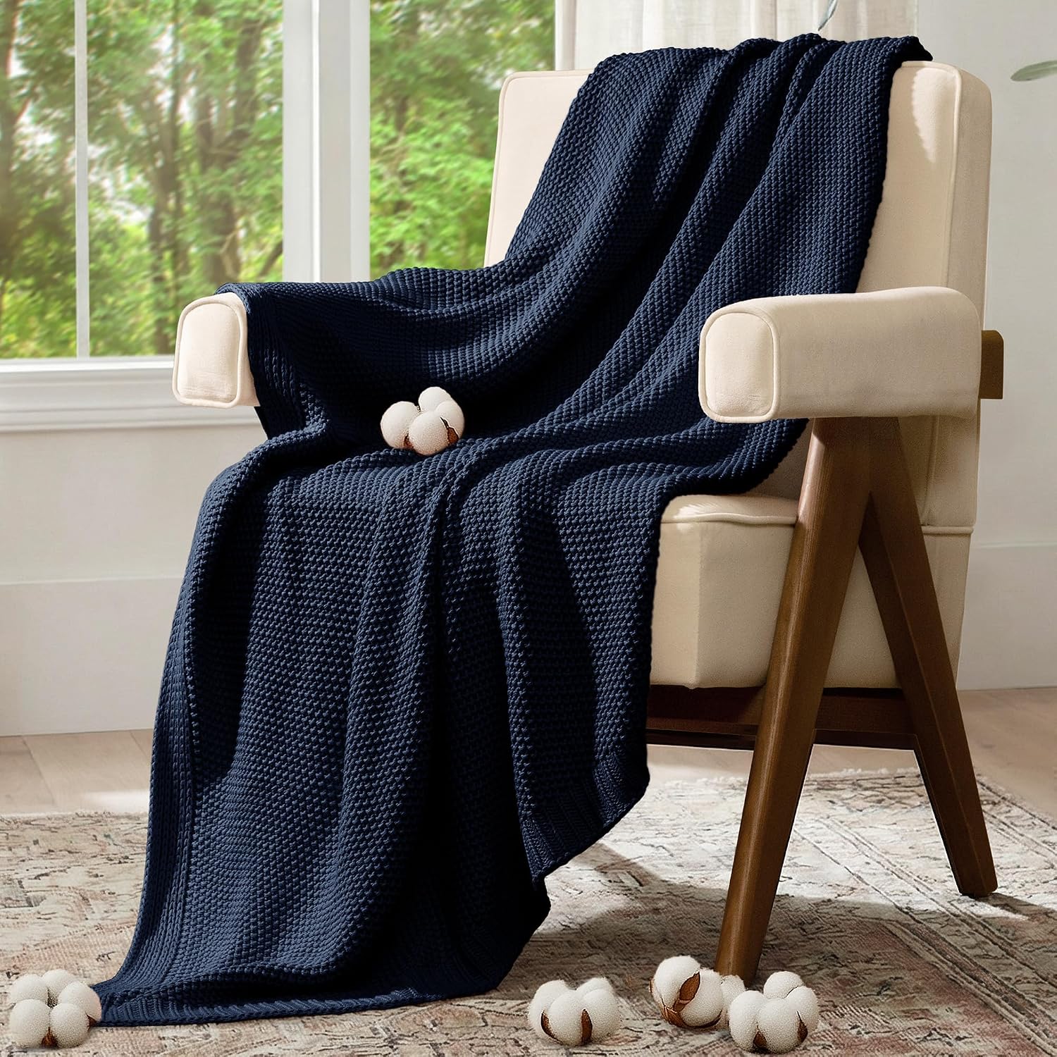 Navy Cable Knit Cotton Throw Blanket
