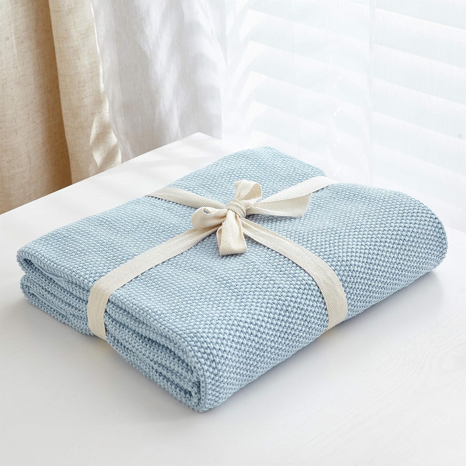 Light Blue Cable Knit Cotton Throw Blanket