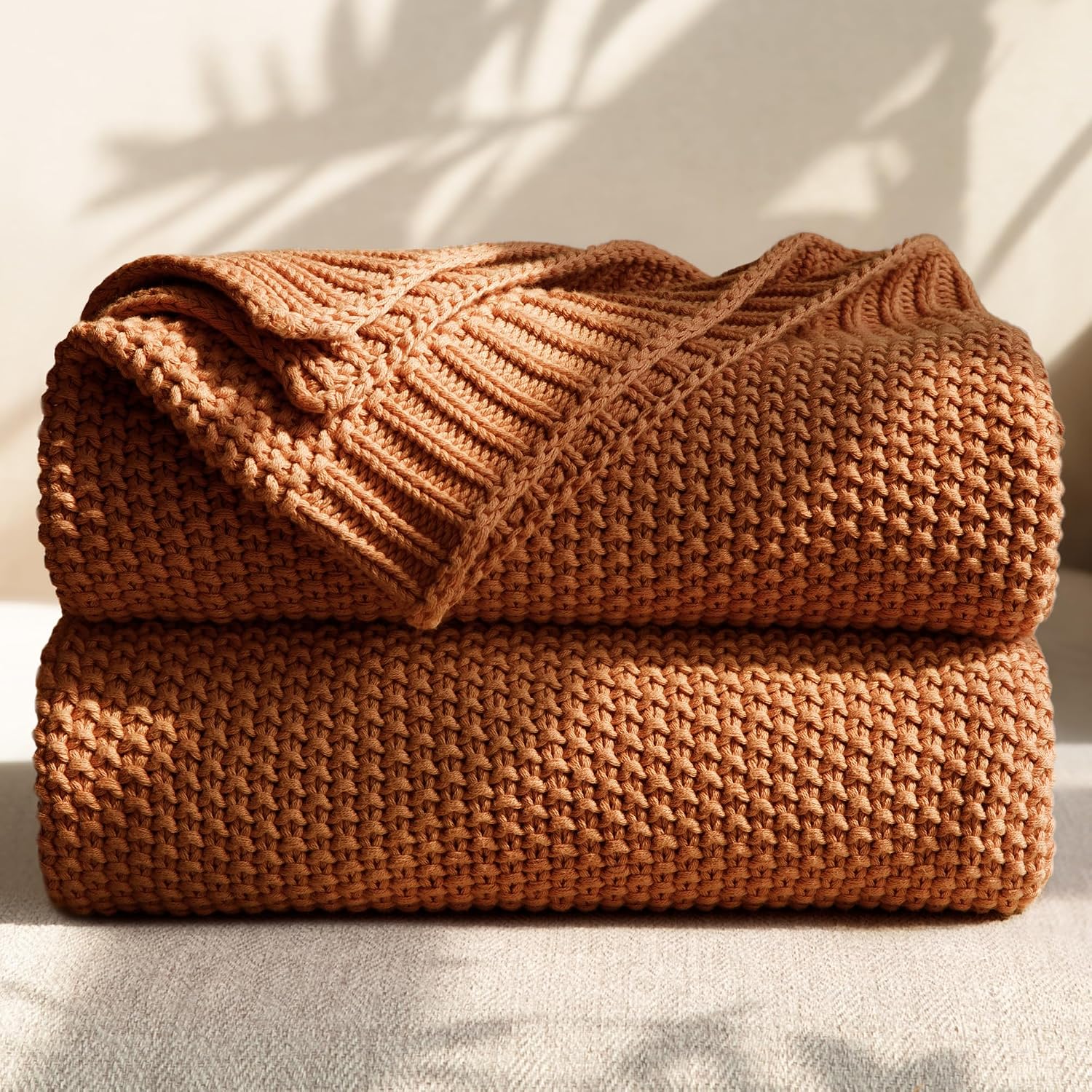 Burnt Orange Cable Knit Cotton Throw Blanket