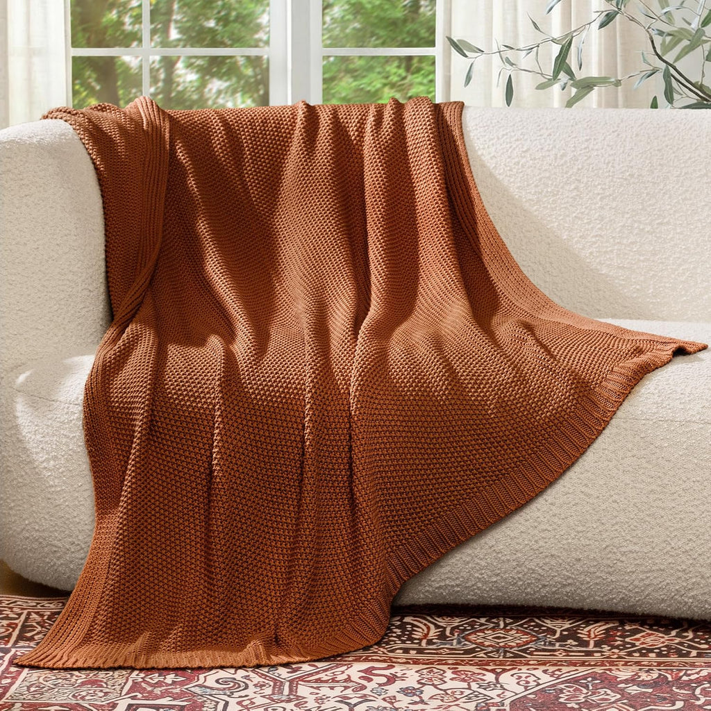 Burnt Orange Cable Knit Cotton Throw Blanket