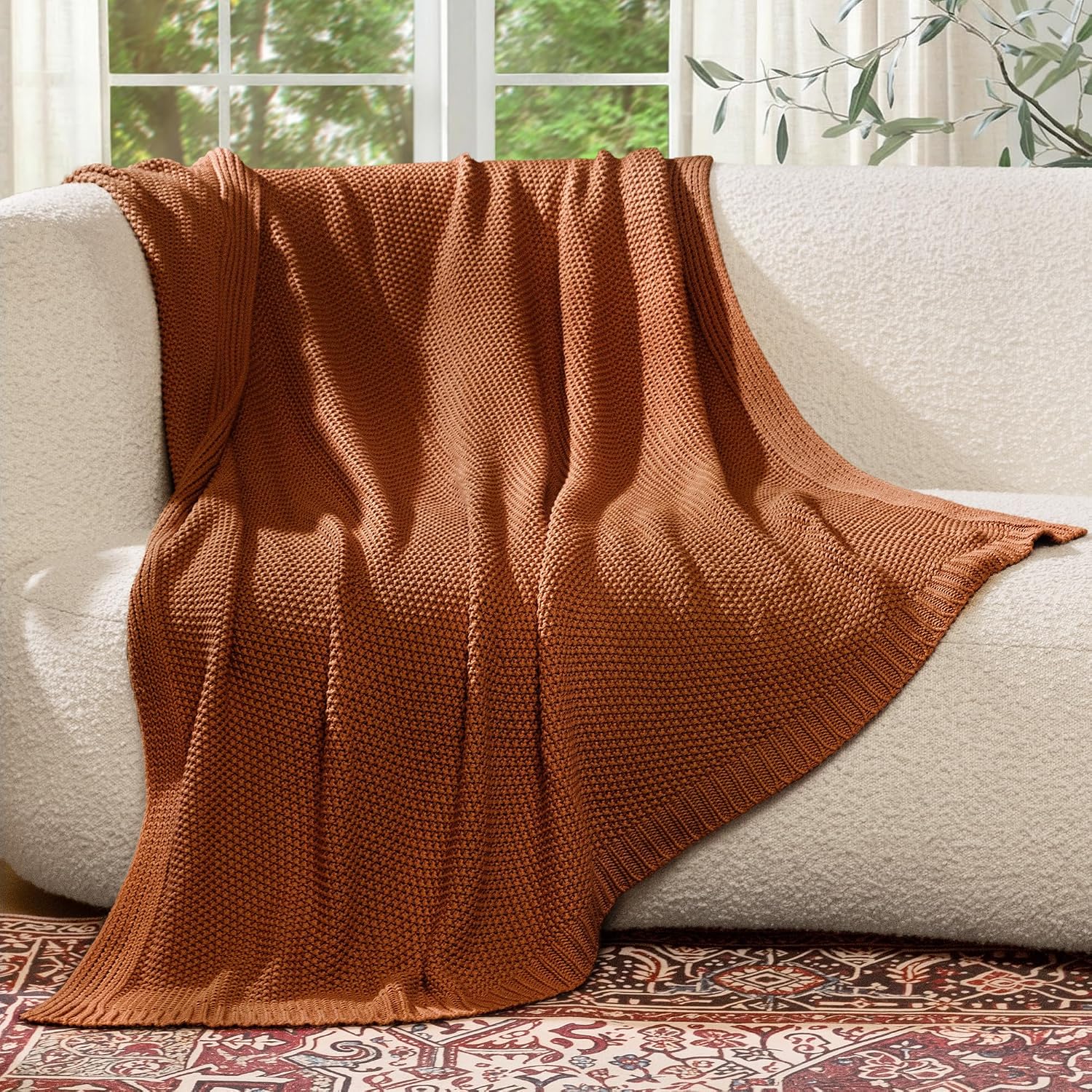 Burnt Orange Cable Knit Cotton Throw Blanket