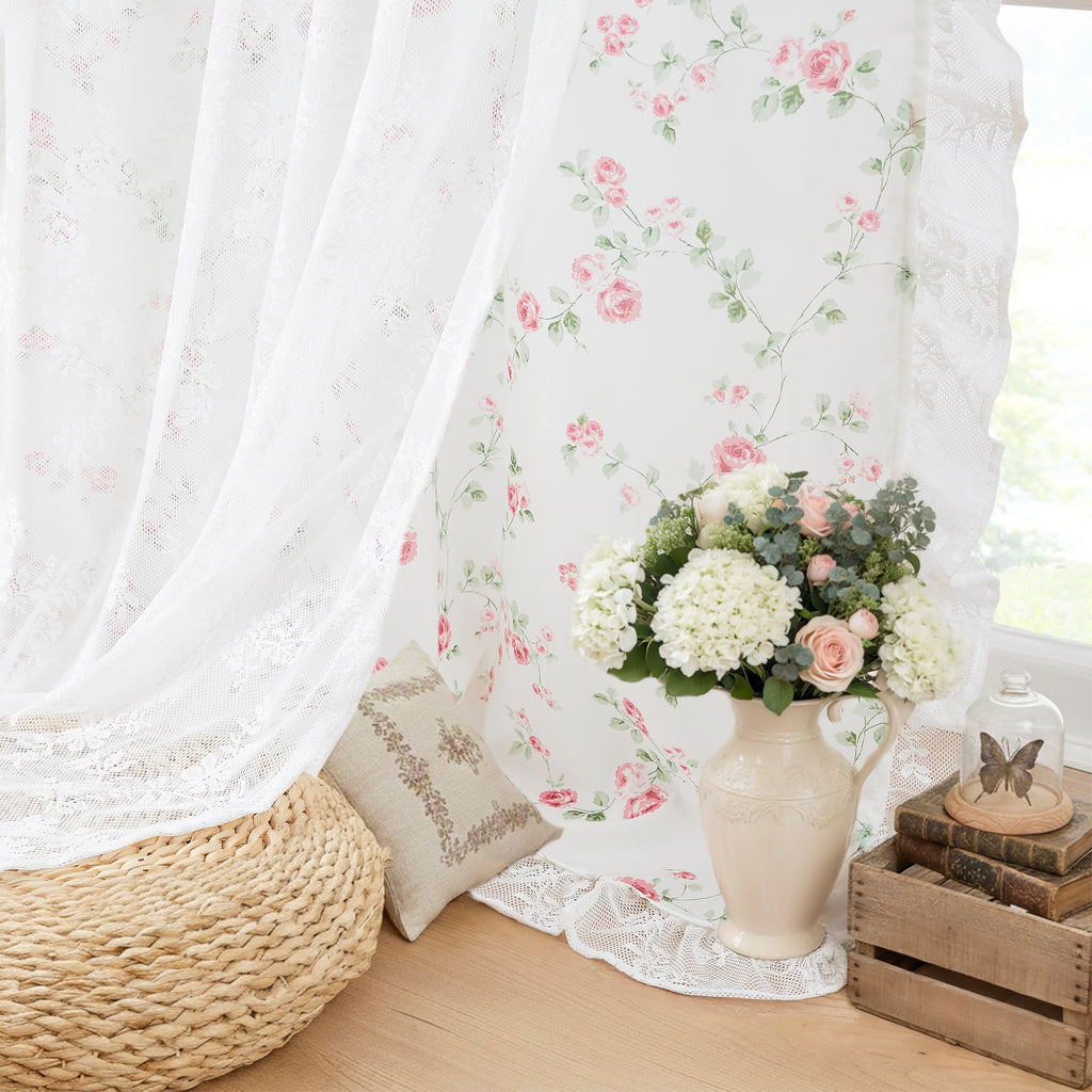 Pink Floral Lace Ruffle Sheer Curtains