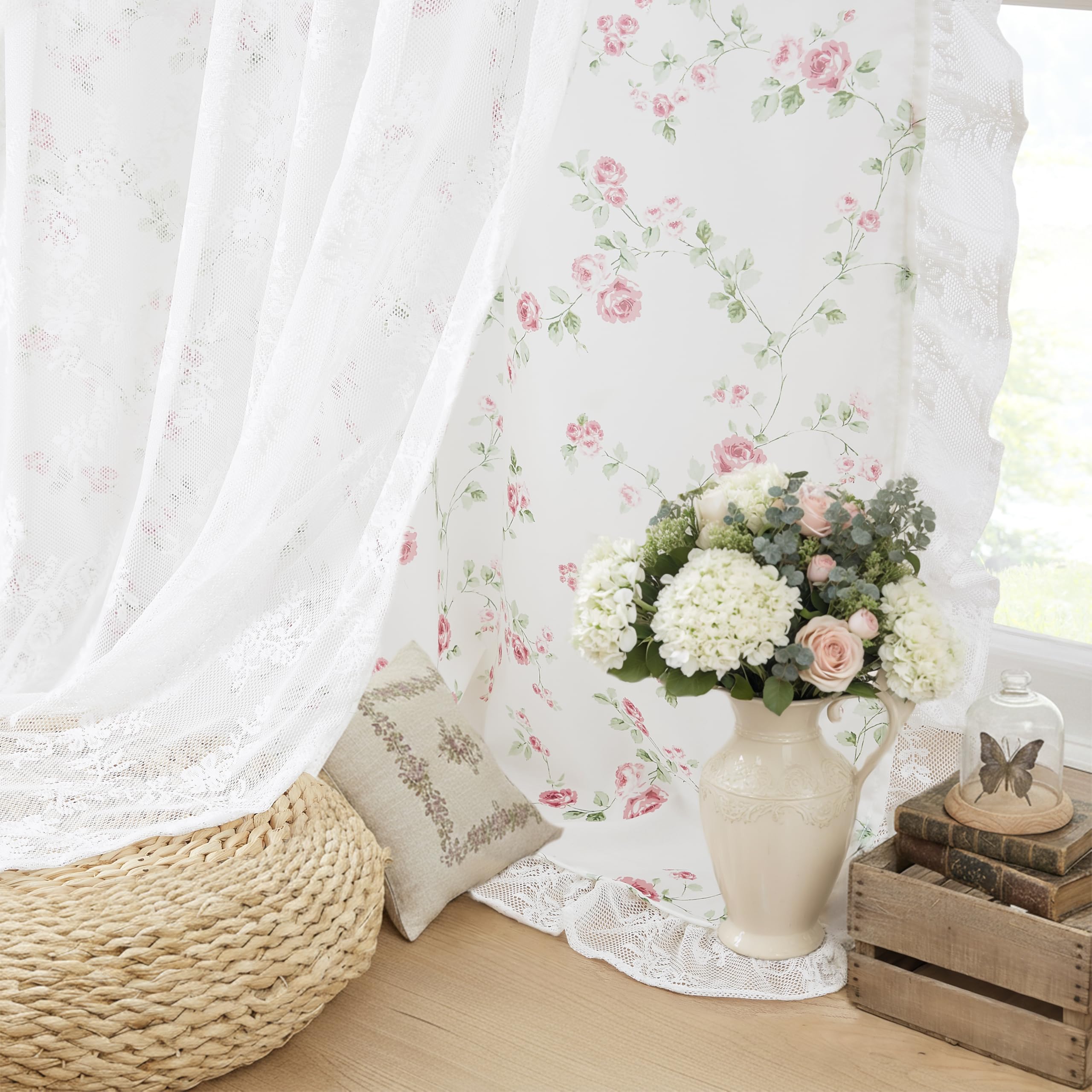 Pink Floral Lace Ruffle Sheer Curtains